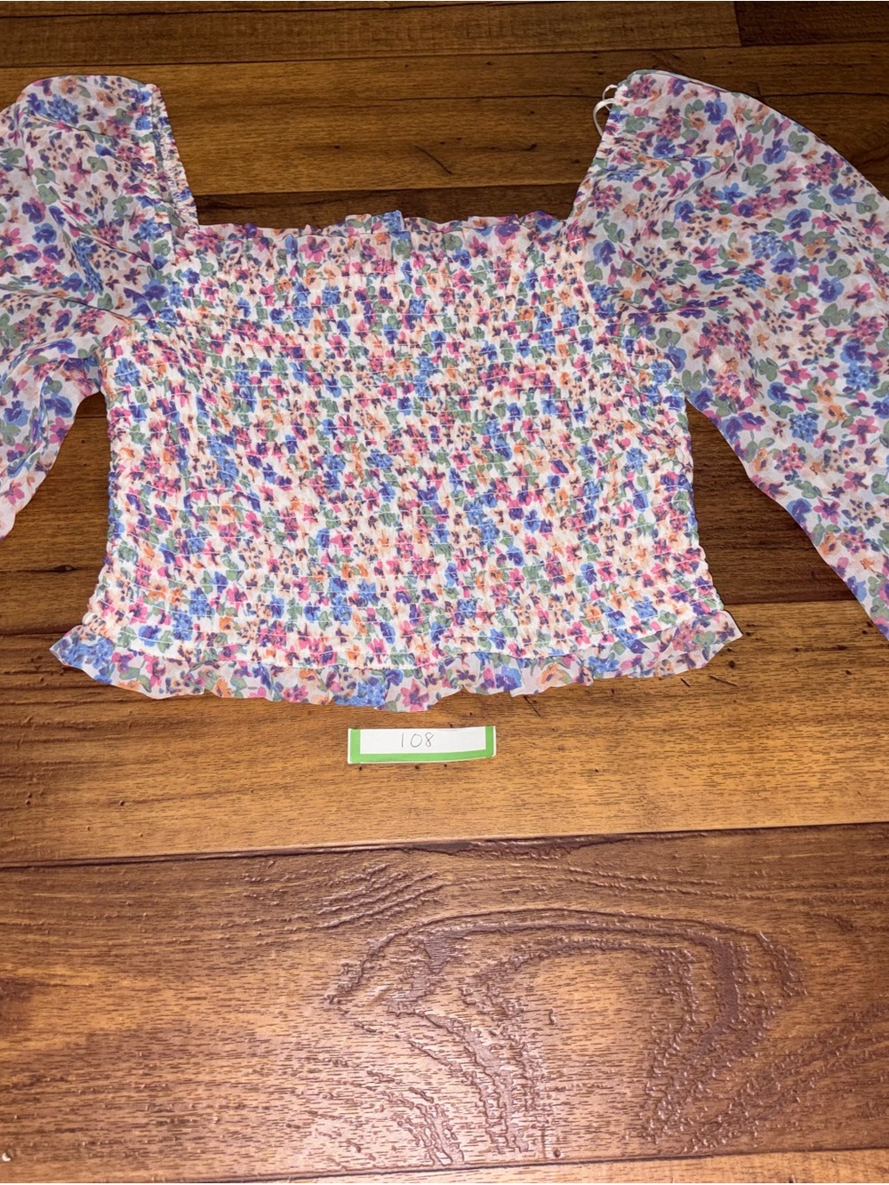 Japna Floral Smocked Long Sleeve Sheer Crop Top